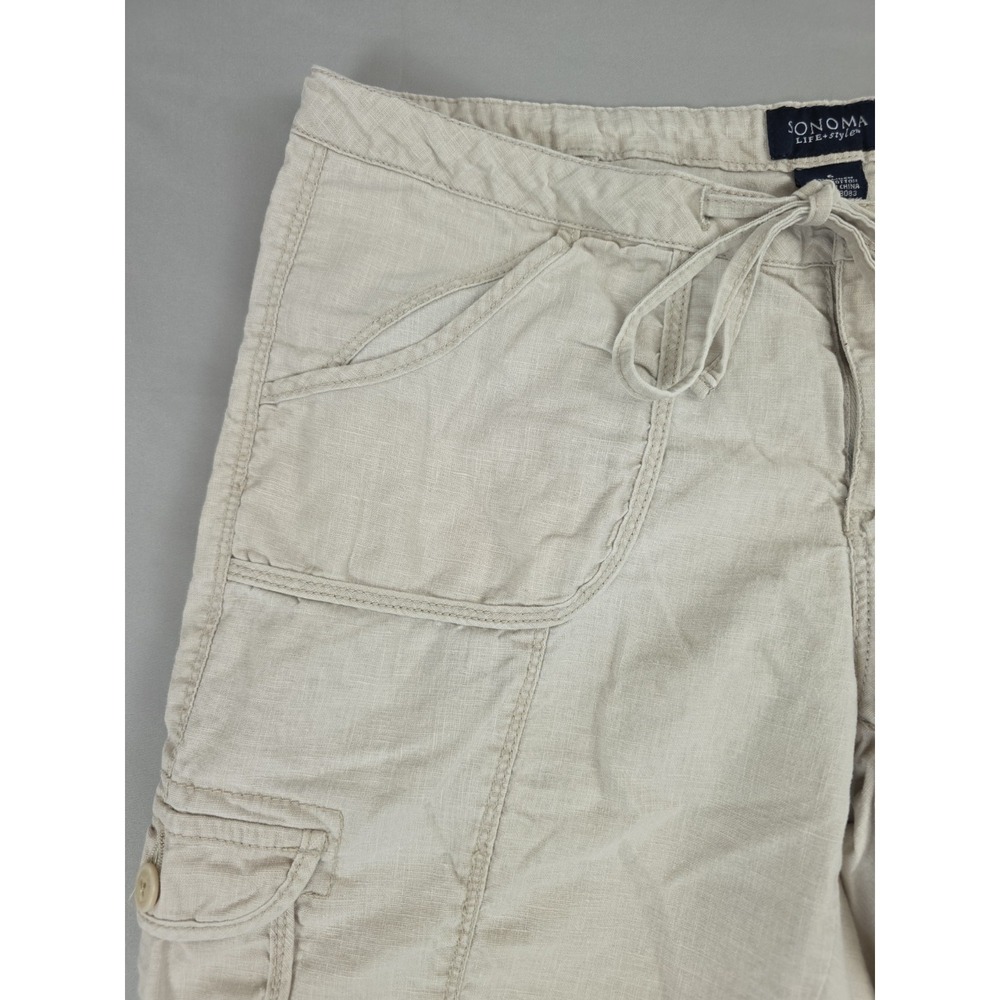 Sonoma Shorts Beige Womens 6 Linen Cotton Blend Bermuda Cargo Pockets Drawstring - Picture 2 of 14
